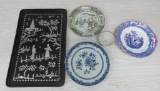 Oriental tray and early transferware plates