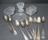 Early salts and coin silver teaspoons and one sterling marked
