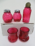 Cranberry glass toothpick holders and shakers, 2