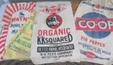 Six vintage animal feed sacks, 5 are 100 lb bags