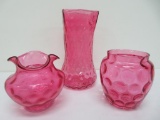 Three pieces of cranberry glass vases, coin dot, 6 3/4