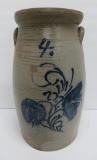 4 gallon floral cobalt decorated stoneware churn attributed to Leonard Rohrer Pottery in Menasha