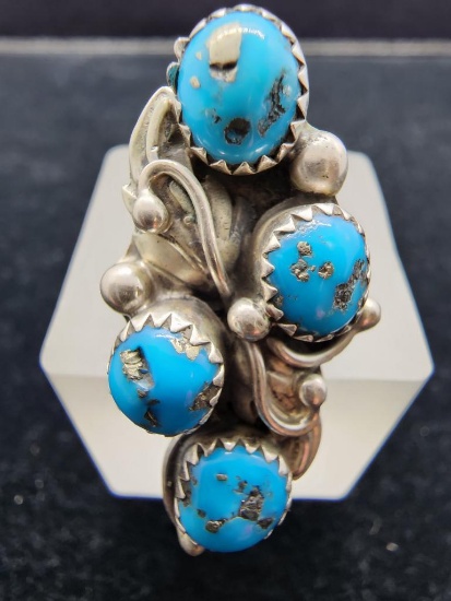 Vintage Sterling Silver and Turquoise Ladies Quad Stone Ring