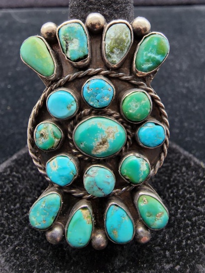 Vintage Sterling Silver and Turquoise Navajo Cluster Ring