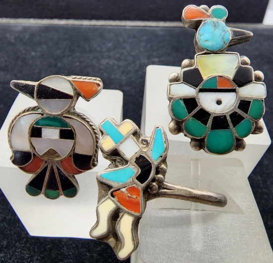 Vintage Trio of Sterling Silver and Stone Zuni Rings