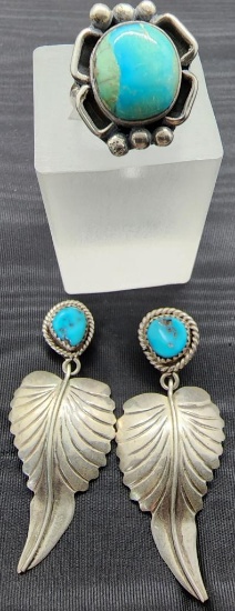 Vintage Native American Sterling and Turquoise Ring and Pierced Earrings