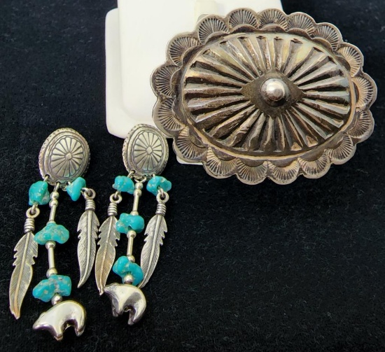 Vintage Sterling Silver Brooch and Pierced Earrings