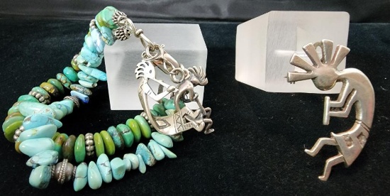 Navajo Kokopelli Brooch and Turquoise Bracelet with Charms