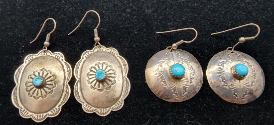Vintage Pairs of Native American Sterling Silver and Turquoise Pierced Earrings