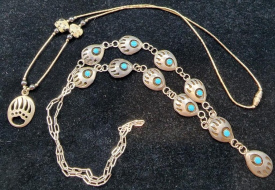 Native American Sterling Silver, Turquoise and Stone Pair of Necklaces
