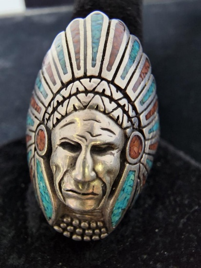 Vintage Navajo Chief Turquoise and Coral Ring