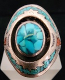 Vintage Sterling Silver, Turquoise and Coral Native American Men's Ring