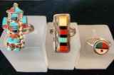 Trio of Sterling Silver and Inlaid Stone Zuni Rings, Including Kachina Doll