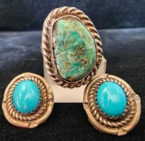 Vintage Sterling Silver and Turquoise Native American Ring and Pierced Earrings