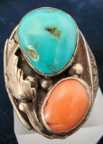 Vintage Navajo Sterling, Turquoise and Coral Men's Ring