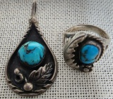 Vintage Navajo Sterling Silver and Turquoise Pendant and Ring