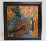 Steven Craig Chandler Outsider Art, Folk art Old mandolin Player, framed 15