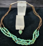 Native American Sterling Silver, Turquoise Pendant and Necklace with Bone Beads