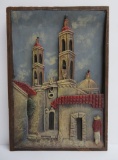 c 1940's Mexican Bas Relief carved wood plaque signed VIlla, 9 1/2