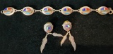 Native American Inlaid Stone Bracelet and Pierced Earrings