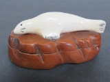 Inuit seal carved wooden trinket box, 3