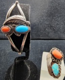 Vintage Sterling Silver, Turquoise and Coral Navajo Cuff Bracelet and Ring