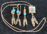 Vintage Sterling Silver, Turquoise and Coral Navajo Necklace, Pendant and Pierced Earrings