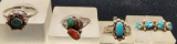 Four Vintage Sterling Silver and Mixed Stone Navajo Pinkie Rings