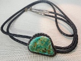 Native American Sterling Silver, Turquoise and Leather Bolo Tie