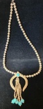 Native American Sterling Silver and Turquoise Squash Blossom Necklace