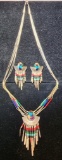 Zuni Sterling Silver and Inlaid Stone Liquid Silver Necklace and Earrings, Parure Set