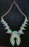 Vintage Native American Sterling Silver and Turquoise Squash Blossom Necklace and Earrings