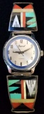 Vintage Zuni Sterling Silver and Inlaid Stone Watch Band with Working Duval Watch