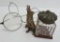 Adorable cast metal rabbit inkwell and vintage wire rim glasses