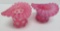 Two cranberry coin optic ruffled top hat vases, 3