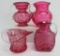 Four vintage cranberry glass pieces, pitchers and vase, 3