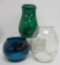 Three railroad lantern shades, blue, green and etched