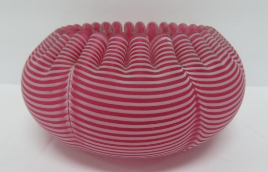 Fabulous cranberry glass bowl, pink striped ribbon glass top, 2 1/2" tall and 5" diameter