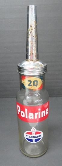 Polarine Standard 1 quart oil bottle, colored with metal insert, 15"