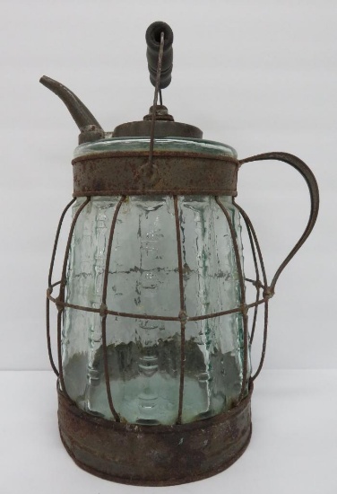 Usual kerosene glass bottle with metal cage, 12"