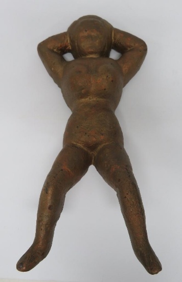 Cast iron boot jack, woman on her back, 9 1/2"