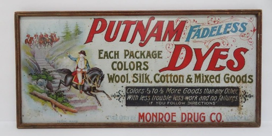 Metal Putnam Dyes sign, framed, 20 3/4" x 10"