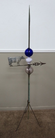 Very nice lighning rod with cow weathervane and three lightning rod balls, 71"