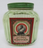 Green Depression glass canister, coffee and sugar label, 8