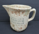 Cascade Feed Mills creamer pitcher, spatterware, 4 1/2
