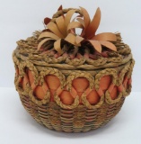 New England antique covered basket, wooden flowers and ribbon, 8