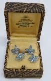 Pierced drop earrings, peridot, diamond and blue topaz, vintage box