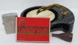 Greyhound ashtray, lighter and gold tip gum box