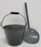 Grey enamelware, graniteware pail and skimmer