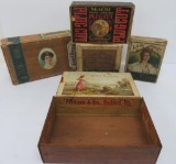 Five vintage wooden cigar boxes, pretty lady designs